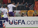 Gonzalo Rodriguez #2 of ACF Fiorentina celebrates after scoring the opening goal from penalty spot during the UEFA Europa League Round of 16 match between AS Roma and ACF Fiorentina at Olimpico Stadium on March 19, 2015