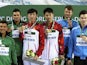 Lin Yue, Chen Aisen, Ivan Garcia, German Sanchez, Patrick Hausding and Sascha Klein pose with their medals after the men's 10m synchro in Dubai on March 19, 2015