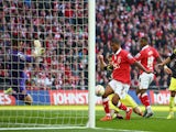 Mark Little of Bristol City scores the second goal for Bristol City during the Johnstone's Paint Trophy Final against Walsall at Wembley Stadium on March 22, 2015