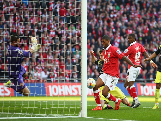 Mark Little of Bristol City scores the second goal for Bristol City during the Johnstone's Paint Trophy Final against Walsall at Wembley Stadium on March 22, 2015