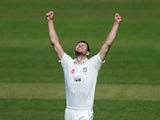 Mark Wood of Durham celebrates after taking the wicket of Jamie Overton of Somerset, his fifth of the match during day two of the LV County Championship Division One match between Somerset and Durham at The County Ground on May 20, 2014