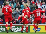 Gaizka Mendieta of Middlesbrough celebrates his goal during the FA Barclaycard Premiership match between Middlesbrough and Birmingham City at The Riverside Stadium on March 20, 2004