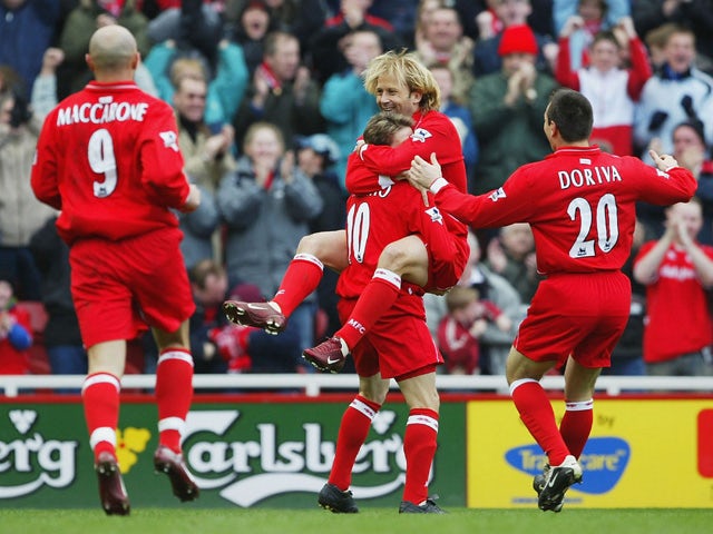 Gaizka Mendieta of Middlesbrough celebrates his goal during the FA Barclaycard Premiership match between Middlesbrough and Birmingham City at The Riverside Stadium on March 20, 2004
