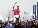 Nico de Boinville riding Coneygree celebrate winning The Betfred Cheltenham Gold Cup during Gold Cup day at the Cheltenham Festival at Cheltenham racecourse on March 13, 2015