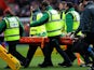 Fraser Forster of Southampton is stretched off the pitch after picking up an injury during the Barclays Premier League match between Southampton and Burnley at St Mary's Stadium on March 21, 2015