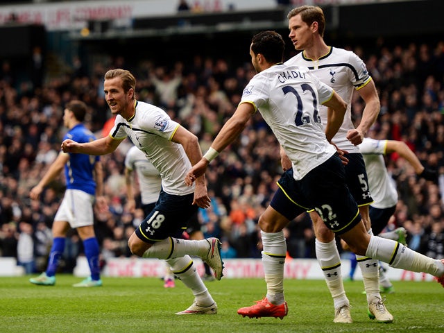 Harry Kane of Spurs celebrates after scoring a goal during the Barclays Premier League match between Tottenham Hotspur and Leicester City at White Hart Lane on March 21, 2015