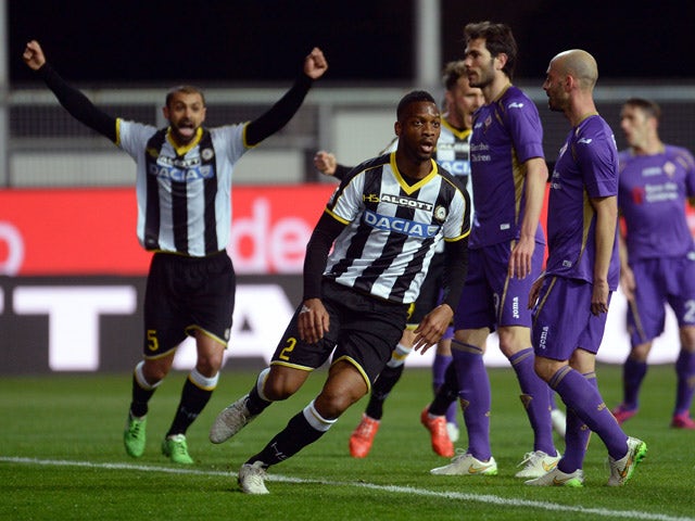 Molla Wague of Udinese Calcio celebrates after scoring his opening goal during the Serie A match between Udinese Calcio and ACF Fiorentina at Stadio Friuli on March 22, 2015