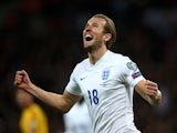Harry Kane of England celebrates after scoring on his debut during the EURO 2016 Qualifier match between England and Lithuania at Wembley Stadium on March 27, 2015