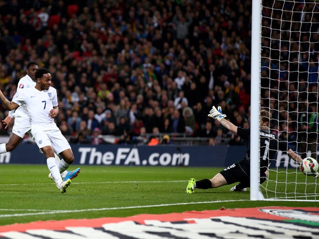Raheem Sterling of England scores the third goal during the EURO 2016 Qualifier match between England and Lithuania at Wembley Stadium on March 27, 2015