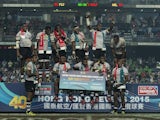 Fiji players celebrates after winning the HSBC Sevens World Series Cup Final match against New Zealand as part of the Hong Kong Sevens, the sixth round of the HSBC Sevens World series at the Hong Kong International Stadium on March 29, 2015
