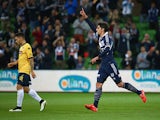 Gui Finkler of the Victory celebrates after he scored during the round 23 A-League match between the Melbourne Victory and the Central Coast Mariners at AAMI Park on March 27, 2015