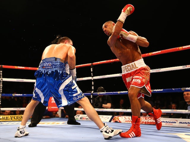 Kell Brook in action against Jo Jo Dan during their IBF World Welterweight Title Fight at the Motorpoint Arena on March 28, 2015
