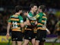 George North of Northampton Saints celebrates after scoring their first try during the Aviva Premiership match between Northampton Saints and Wasps at Franklin's Gardens on March 27, 2015