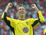 Aston Villa striker Peter Crouch celebrates after his last minute winner during the FA Barclaycard Premiership match between Middlesbrough and Aston Villa at The Riverside Stadium on April 24, 2004