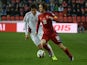 Tomas Rosicky of Czech Republic (R) and Igors Tarasovs of Latvia vie for the ball during the Group A Euro 2016 qualifying football match between Czech Republic and Latvia, on March 28, 2015