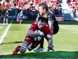 Ali Williams of Toulon dives over to score a last minute try during the European Rugby Champions Cup quarter final match between RC Toulon and Wasps at the Felix Mayol Stadium on April 5, 2015