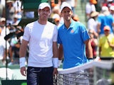 Andy Murray of Great Britain and Novak Djokovic of Serbia pose for a photograph prior to the mens final during the Miami Open Presented by Itau at Crandon Park Tennis Center on April 5, 2015