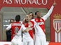 French forward Anthony Martial (R) celebrates after scoring a goal during the French L1 football match between Monaco and Saint Etienne on April 3, 2015