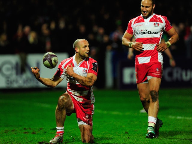 Gloucester wing Charlie Sharples and Bill Meakes celebrate after the first try during the European Rugby Challenge Cup Quarter Final match between Gloucester Rugby and Connacht Rugby at Kingsholm Stadium on April 3, 2015