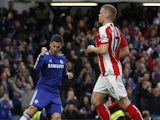 Chelseas Belgian midfielder Eden Hazard celebrates scoring the opening goal from the penalty spot during the English Premier League football match between Chelsea and Stoke City at Stamford Bridge in London on April 4, 2015