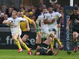 Nick Abendanon of Clermont Auvergne breaks clear to score a try during the European Rugby Champions Cup quarter final match between Clermont Auvergne and Northampton Saints at the Stade Marcel Michelin on April 4, 2015
