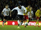 Darren Bent of Derby scores his team's first goal of the game during the Sky Bet Championship match between Derby County and Watford at iPro Stadium on April 3, 2015