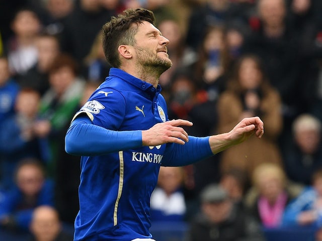 David Nugent of Leicester City reacts after missing a penalty during the Barclays Premier league match Leicester City and West Ham United at The King Power Stadium on April 4, 2015
