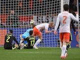Netherlands Davy Klaassen (C) celebrates after scoring against Spain on March 31, 2015