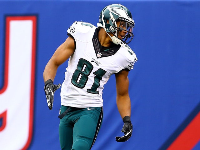 Jordan Matthews #81 of the Philadelphia Eagles reacts after scoring a touchdown in the first quarter against the New York Giants during a game at MetLife Stadium on December 28, 2014