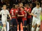 Lille's belgian forward Divock Origi is congratulated by teammates after scoring a goal during the French Ligue football match Lille vs Reims on April 4, 2015 