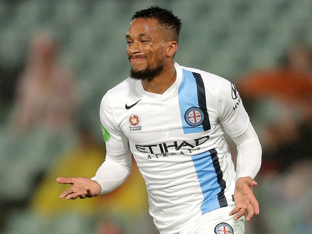 Harry Novillo of Melbourne City celebrates scoring a goal during the round 24 A-League match between the Western Sydney Wanderers and Melbourne City FC at Pirtek Stadium on April 3, 2015
