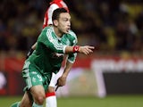 St Etienne's French forward Mevlut Erding celebrates after scoring a goal during the French L1 football match Monaco and Saint Etienne on April 3, 2015