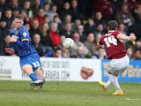 James Gray of Northampton Town scores his and his sides 1st goal during the Sky Bet League Two match between AFC Wimbledon and Northampton Town at The Cherry Red Records Stadium on April 3, 2015