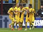 Andi Lila of Parma FC celebrates his goal with his team-mates during the Serie A match between FC Internazionale Milano and Parma FC at Stadio Giuseppe Meazza on April 4, 2015