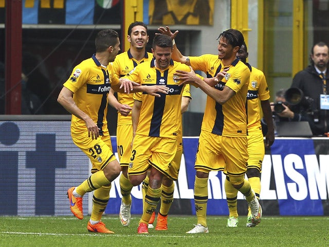 Andi Lila of Parma FC celebrates his goal with his team-mates during the Serie A match between FC Internazionale Milano and Parma FC at Stadio Giuseppe Meazza on April 4, 2015
