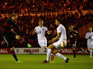 Philipp Hofmann of Germany scores the opening goal during the international friendly between England Under 21 and Germany Under 21 at Riverside Stadium on March 30, 2015