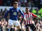 Ross Barkley of Everton is closed down by Nathaniel Clyne of Southampton during the Barclays Premier League match between Everton and Southampton at Goodison Park on April 4, 2015