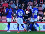 Clayton Donaldson of Birmingham City celebrates after scoring his side's first goal during the Sky Bet Championship match between AFC Bournemouth and Birmingham City at Goldsands Stadium on April 6, 2015 