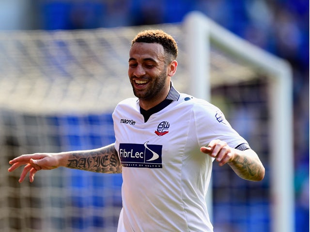 Bolton player Craig Davies celebrates his second and Bolton's third goal during the Sky Bet Championship match between Cardiff City and Bolton Wanderers at Cardiff City Stadium on April 6, 2015