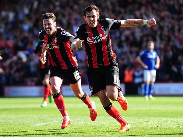 Charlie Daniels celebrates after scoring his side's fourth goal during the Sky Bet Championship match between AFC Bournemouth and Birmingham City at Goldsands Stadium on April 6, 2015