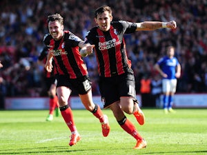 Charlie Daniels celebrates after scoring his side's fourth goal during the Sky Bet Championship match between AFC Bournemouth and Birmingham City at Goldsands Stadium on April 6, 2015
