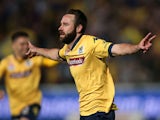 Josh Rose of the Mariners celebrates a goal during the round 25 A-League match between the Central Coast Mariners and the Western Sydney Wanderers at Central Coast Stadium on April 11, 2015