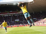 Crystal Palace's French-born Congolese midfielder Yannick Bolasie celebrates scoring their second goal during the English Premier League football match between Sunderland and Crystal Palace at the Stadium of Light in Sunderland, northeast England, on Apri