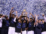 The Duke Blue Devils celebrate after defeating the Wisconsin Badgers during the NCAA Men's Final Four National Championship at Lucas Oil Stadium on April 6, 2015