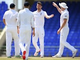 James Anderson of England celebrates taking the wicket of Sherwin Peters of St Kitts and Nevis Invitational XI during the St Kitts and Nevis Invitational XI versus England tour match on April 6, 2015