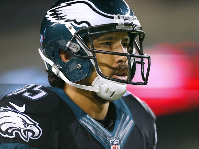 James Casey #85 of the Philadelphia Eagles looks on during warm ups before the stat of a football game against the New York Giants at Lincoln Financial Field on October 12, 2014