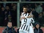 Juventus' midfielder from Argentina Roberto Pereyra celebrates with teammate Juventus' forward from Spain Alvaro Morata after scoring during the Italian Tim Cup semifinal return football match Fiorentina vs Juventus at the Artemio Franchi Stadium in Flore