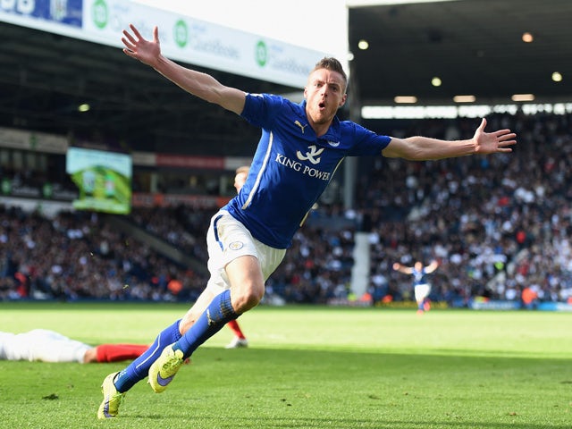 Jamie Vardy of Leicester City celebrates scoring their third goal during the Barclays Premier League match between West Bromwich Albion and Leicester City at The Hawthorns on April 11, 2015