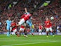 Marouane Fellaini of Manchester United scores their second goal with a header during the Barclays Premier League match between Manchester United and Manchester City at Old Trafford on April 12, 2015