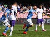 Napoli's forward from Slovakia Marek Hamsik celebrates after scoring during the Italian Serie A football match SSC Napoli vs Fiorentina ACF on April 12, 2015